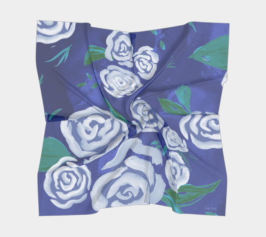 Elegant White Rose Silk Scarf with Original Watercolor Art – Square Design