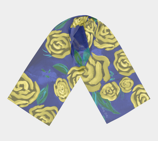 Elegant Yellow Tea Rose Silk Scarf with Original Hand-Painted Artwork – Long Design